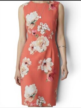 ALYX Women's Size 16 Coral Floral Sleeveless Sheath Dress Career Wedding Guest